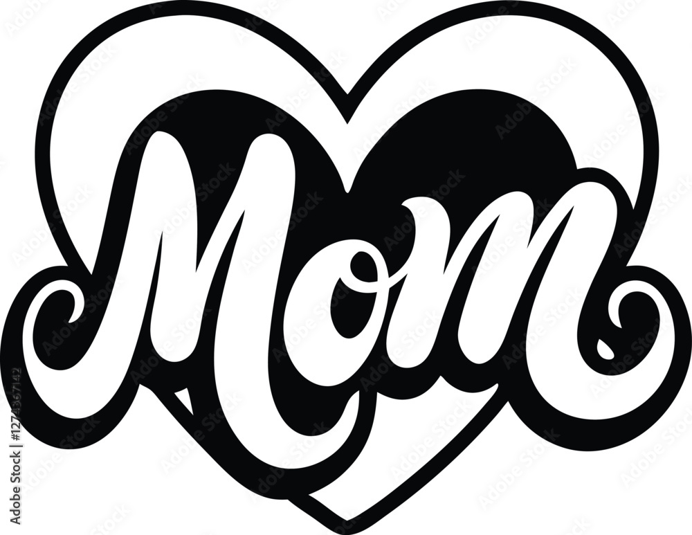 Elegant Calligraphy Design with 'Mom' Text and Heart Graphic Elegant Calligraphy Design with 'Mom' Text and Heart Graphic
