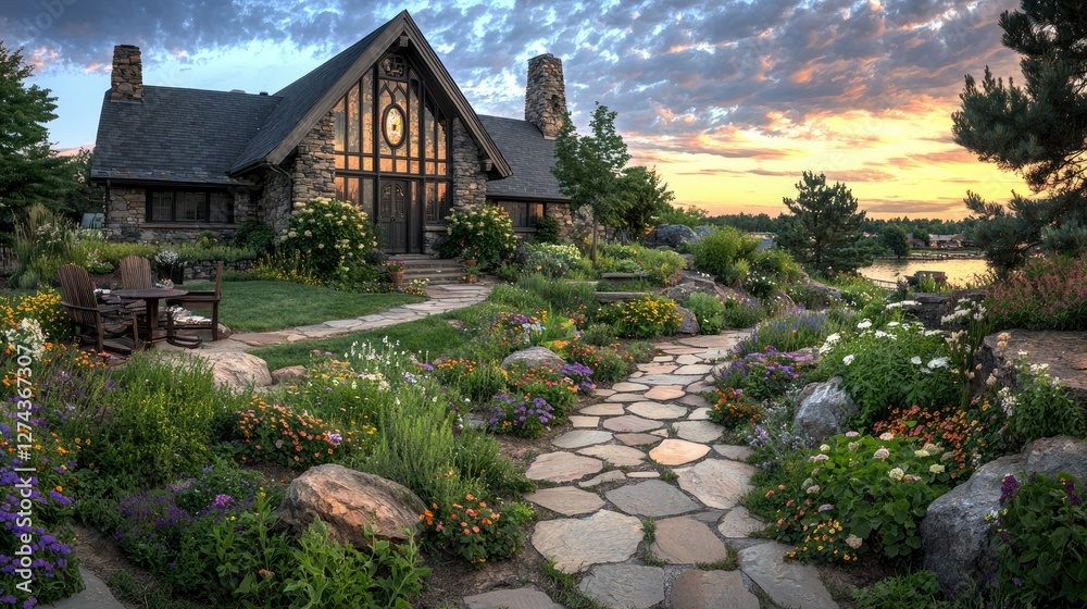Naklejka premium Stone House Lakeside Garden Sunset View