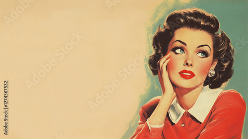 a 1950s advertising illustration of a woman on yellow background, room for text