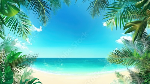 Paradise Unveiled: A captivating scene unfolds, revealing a pristine sandy beach, crystal-clear turquoise waters, and a vibrant blue sky framed by lush green foliage.