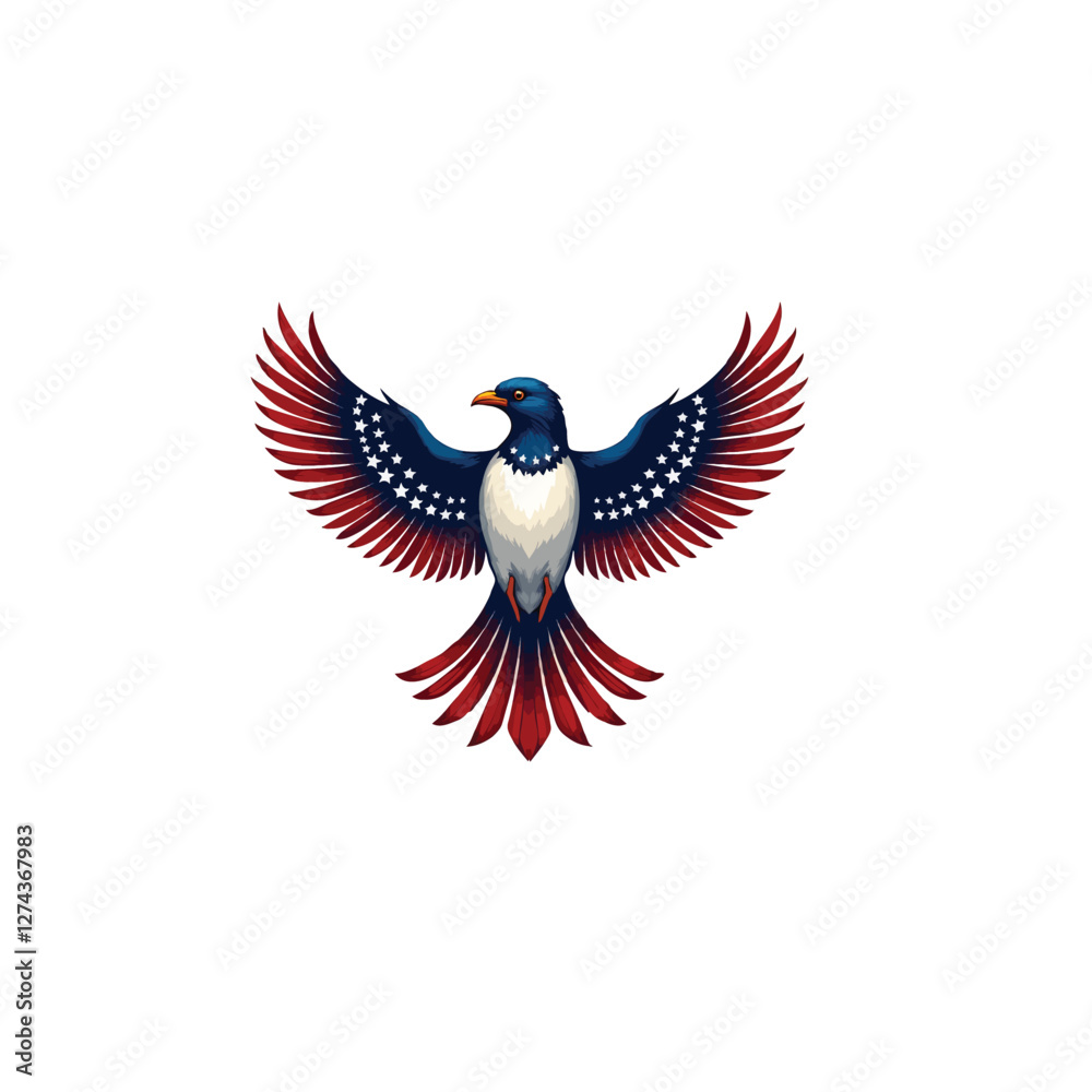 Obraz premium A striking illustration of a bird standing tall with its wings spread wide, adorned with the stars and stripes of the United States flag. 