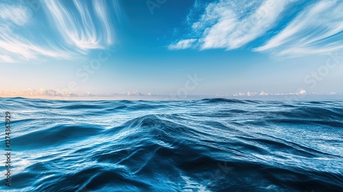 Ocean's Embrace: Captivating image of the ocean. The cerulean expanse stretches to the horizon under a brilliant, cloud-strewn sky.