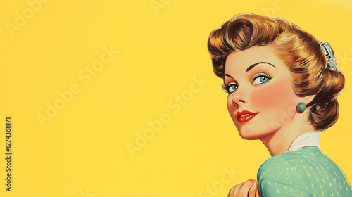 a 1950s advertising illustration of a woman on blue background, room for text	
