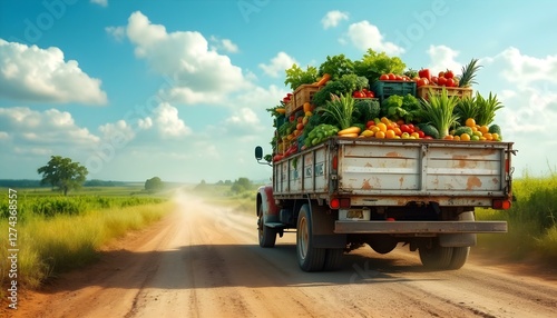 Vintage truck loaded with fresh produce driving on dusty rural road, symbolizing farm-to-table journey