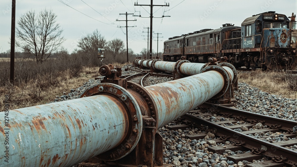 Rusty oil pipeline crossing railway track old train in background Rusty oil pipeline crossing railway track old train in background