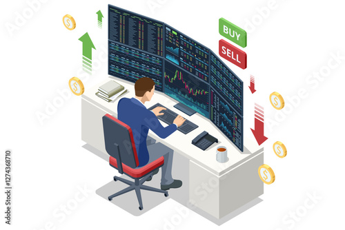 Isometric stock market seesaw with a bull and bear trader. Market volatility is depicted with rising and falling candlestick charts and arrows.