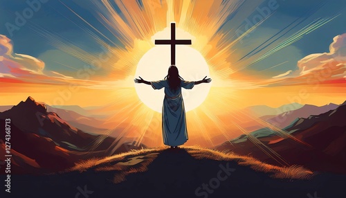 a person, man (female) at the cross - a religious Christian illustration (Catholic or Orthodox) - 