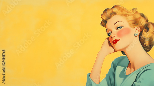 a 1950s advertising illustration of a woman on yellow background, room for text	