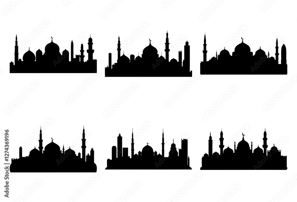 Fototapeta premium Middle Eastern Skyline Silhouette for Ramadan and Eid Design Icon Bundle