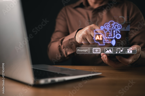 A businessman interacts with a futuristic AI powered content creation interface, selecting options for media generation. A laptop sits on the desk, symbolizing AI driven research and innovation.