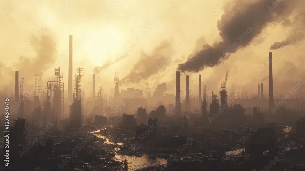 Decayed City Surrounded by Factories and Pollution at Dusk Decayed City Surrounded by Factories and Pollution at Dusk