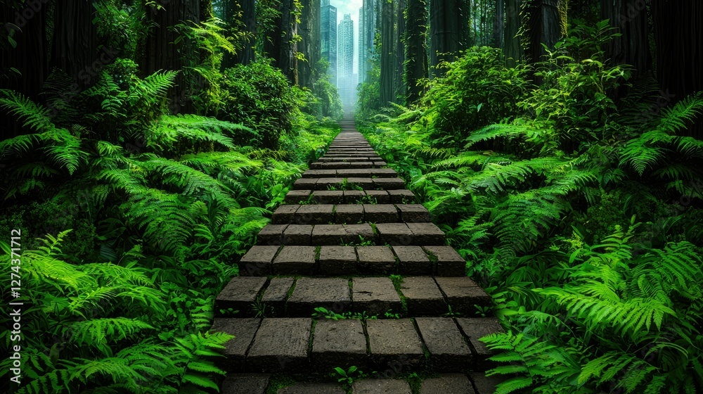 Stone Steps Leading Through Lush Green Forest Towards Cityscape Stone Steps Leading Through Lush Green Forest Towards Cityscape