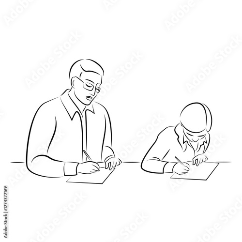 Silhouettes of people, man and woman, they write with a pen on paper. Graphic image, outline for home decor, posters, stickers, logo. Vector illustrations.