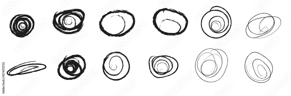 Hand drawn grunge round sketch elements. Set of vector brushes. Rough doodle collection. Charcoal pencil textured the circular lines Hand drawn grunge round sketch elements. Set of vector brushes. Rough doodle collection. Charcoal pencil textured the circular lines