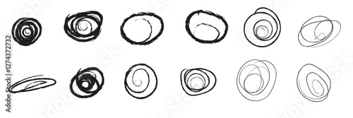 Hand drawn grunge round sketch elements. Set of vector brushes. Rough doodle collection.  Charcoal pencil textured the circular lines