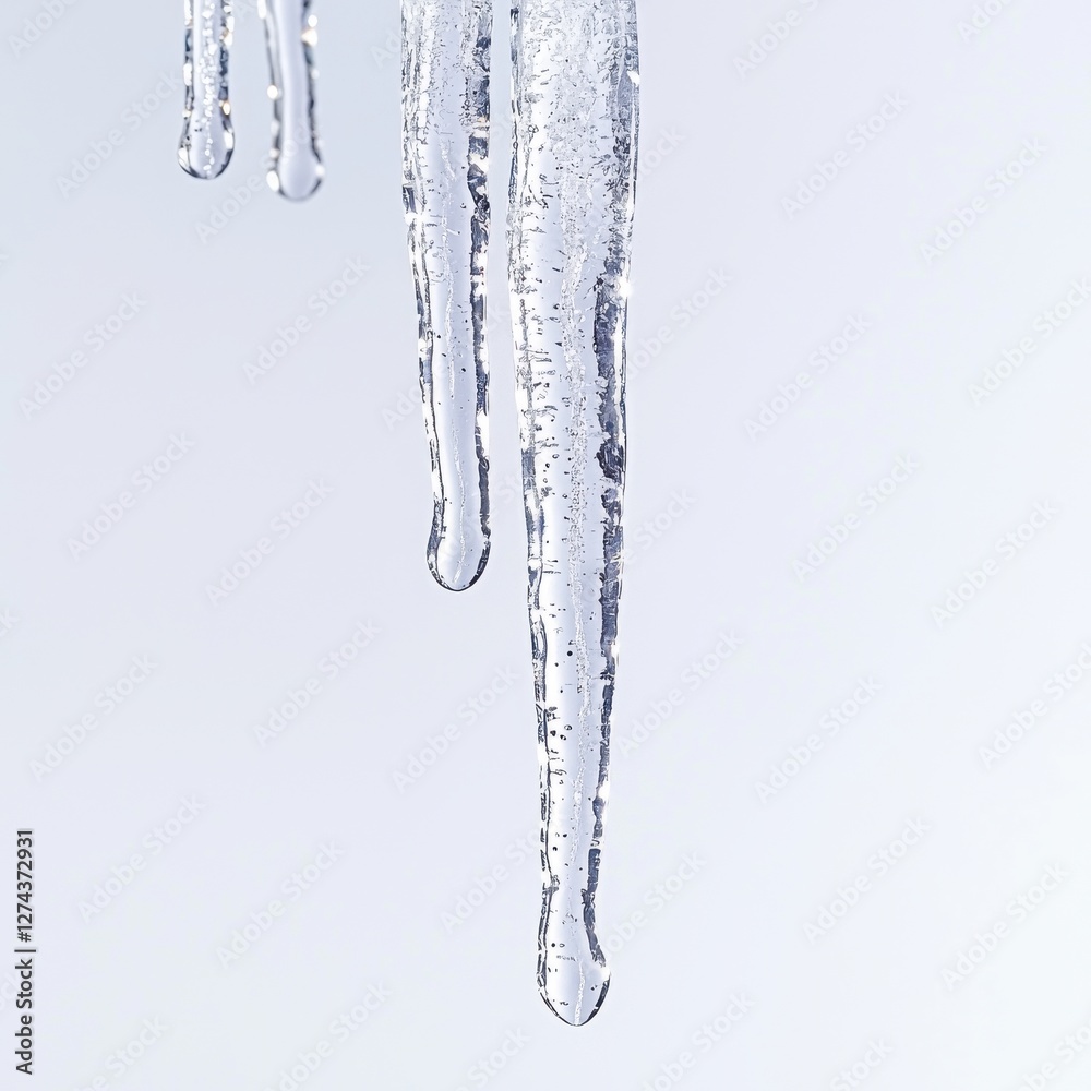 Isolated detailed view of icicles hanging against a clean, light background, showcasing the beauty and fragility of frozen water formations during winter. Isolated detailed view of icicles hanging against a clean, light background, showcasing the beauty and fragility of frozen water formations during winter.