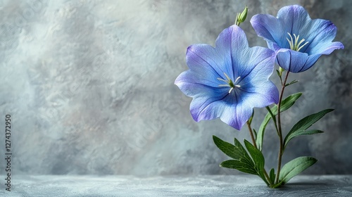 Delicate blue flowers elegantly positioned against a textured gray backdrop, showcasing natural beauty