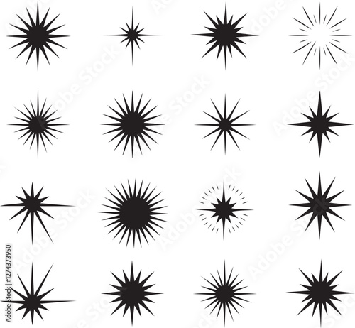 Black and white illustration sparkling stars twinkling icon vectors on white background