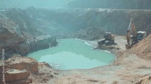 Abandoned Toxic Mining Site with Water Collection and Machinery