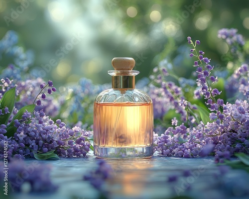 Elegant glass perfume bottle surrounded by vibrant purple flowers in a serene garden setting