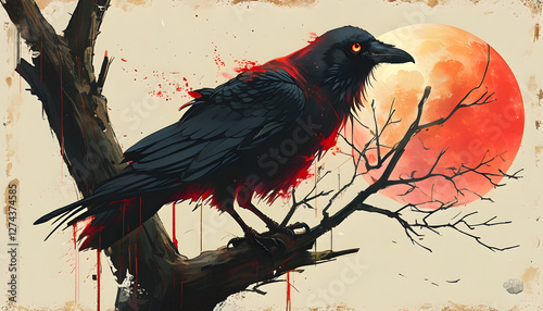 Crow on a Branch with a Blood Moon