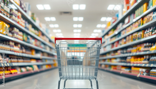 Empty shopping cart in a brightly lit supermarket aisle, symbolizing consumerism, grocery shopping, and retail commerce in a modern supermarket setting. photo