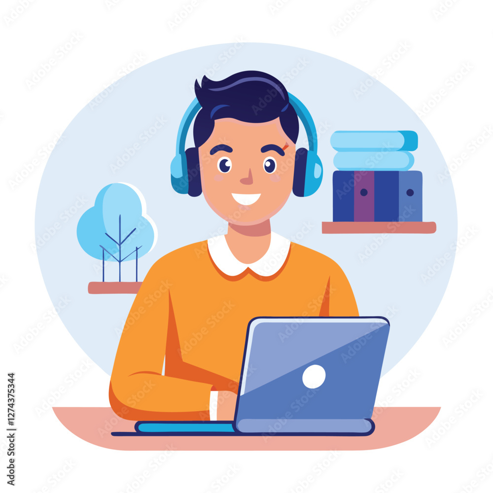 man in headphones, studying at laptop. Happy female student watching business webinar. Video conference call, remote work communication. Flat vector illustration isolated on white background man in headphones, studying at laptop. Happy female student watching business webinar. Video conference call, remote work communication. Flat vector illustration isolated on white background