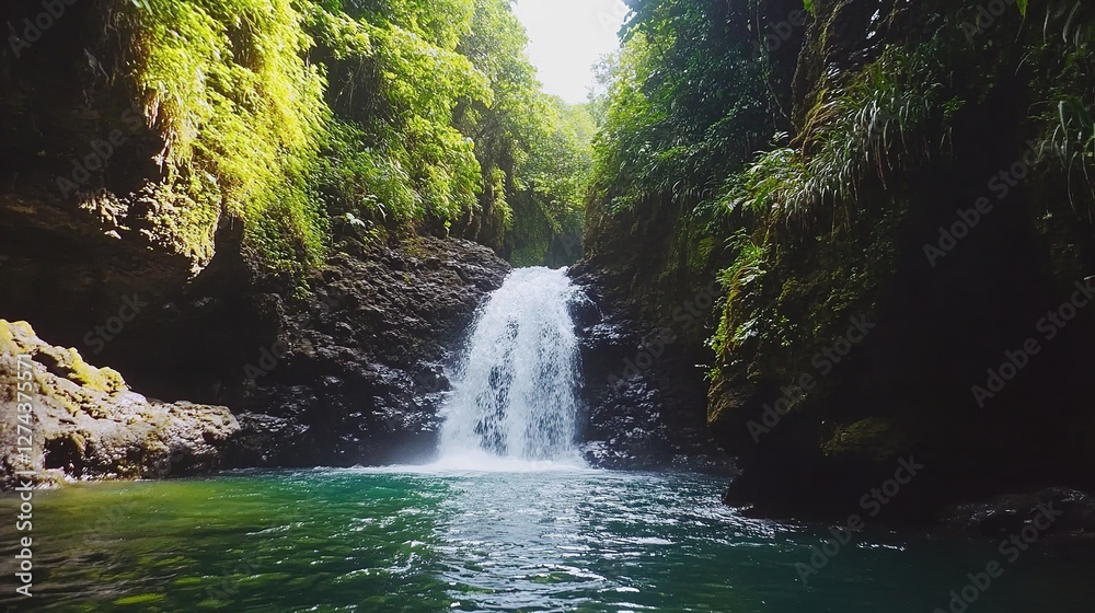 Naklejka premium * Canyoning enthusiasts rappelling through waterfalls.