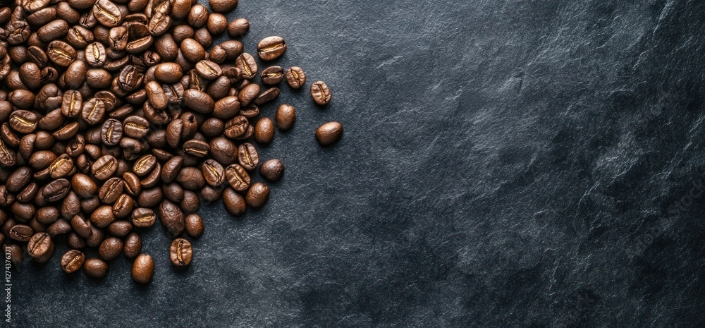 Roasted coffee beans on dark stone. Background texture. Food photography Roasted coffee beans on dark stone. Background texture. Food photography