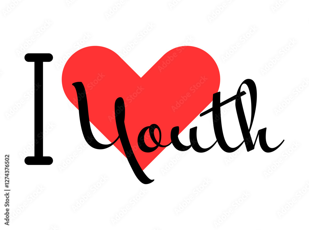 I love Youth creative slogan. Hand drawn letters with red heart. Vector illustration, lettering in modern design