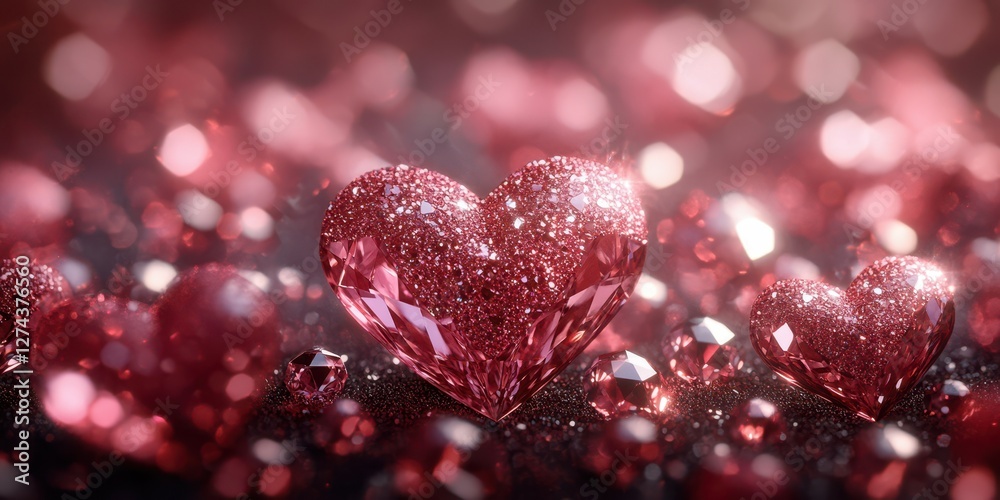 Shimmering red hearts and sparkling gems create a romantic atmosphere for celebrations and special occasions Shimmering red hearts and sparkling gems create a romantic atmosphere for celebrations and special occasions
