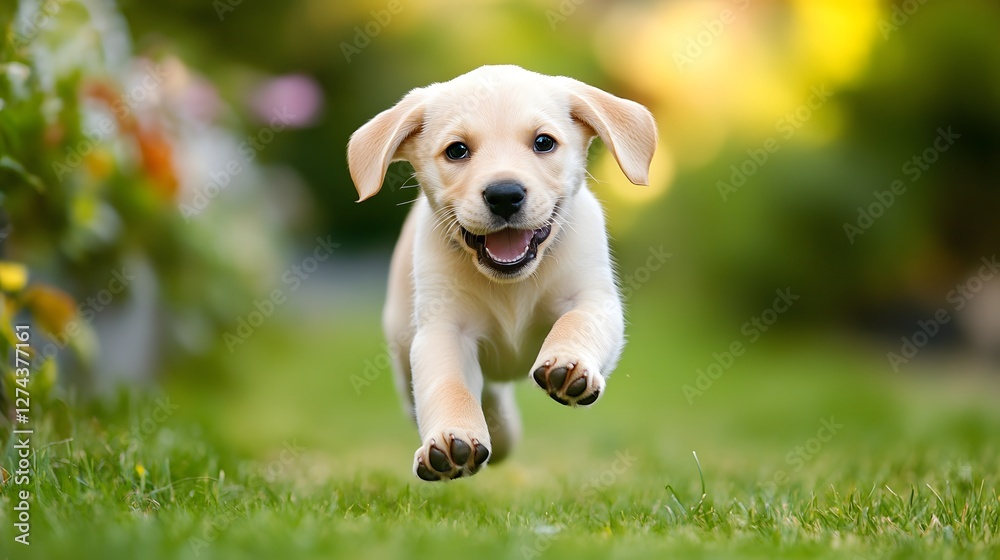 A playful puppy running through a garden A playful puppy running through a garden