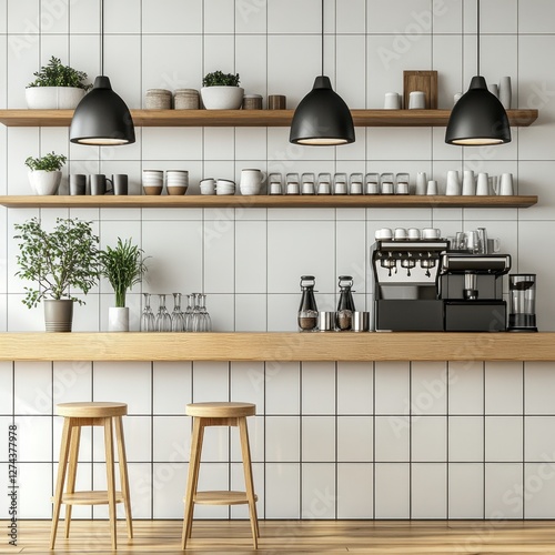 Modern Coffee Shop Interior with Wooden Counter Stools and Shelves Featuring Plants and Drinkware in a Minimalist Style