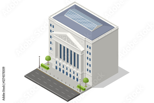 Isometric vector of a stock exchange building with large gold coins and stock market charts in the background. Stock trading, cryptocurrency, forex, investment