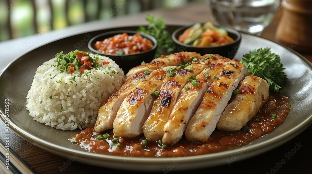 Grilled chicken breast served with rice, salsa, and fresh vegetables on a rustic wooden table Grilled chicken breast served with rice, salsa, and fresh vegetables on a rustic wooden table