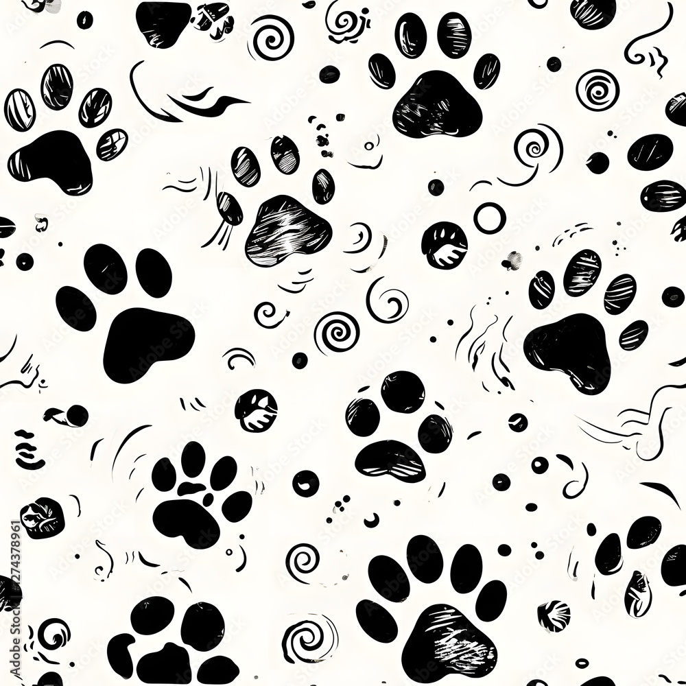 Fototapeta premium black and white seamless pattern with footprints, Seamless Pattern Of Black Paw Prints On Off-White Background