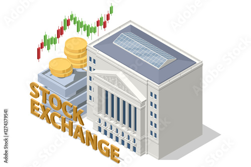 Isometric vector of a stock exchange building with large gold coins and stock market charts in the background. Stock trading, cryptocurrency, forex, investment