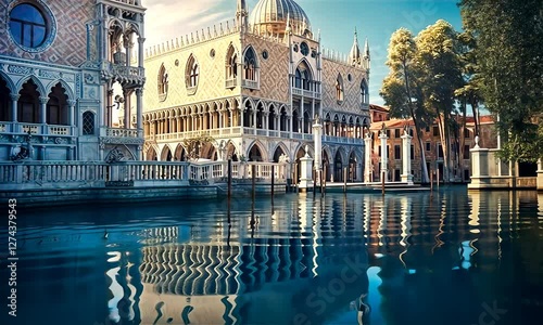Venetian landscape. Canals, bridges and palaces with beautiful reflection in water, early morning hours.