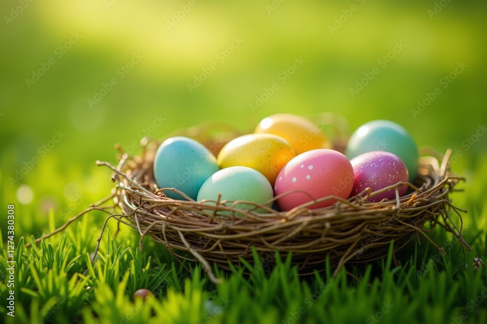 Colorful Easter Eggs in a Bird Nest on Green Grass Background Colorful Easter Eggs in a Bird Nest on Green Grass Background