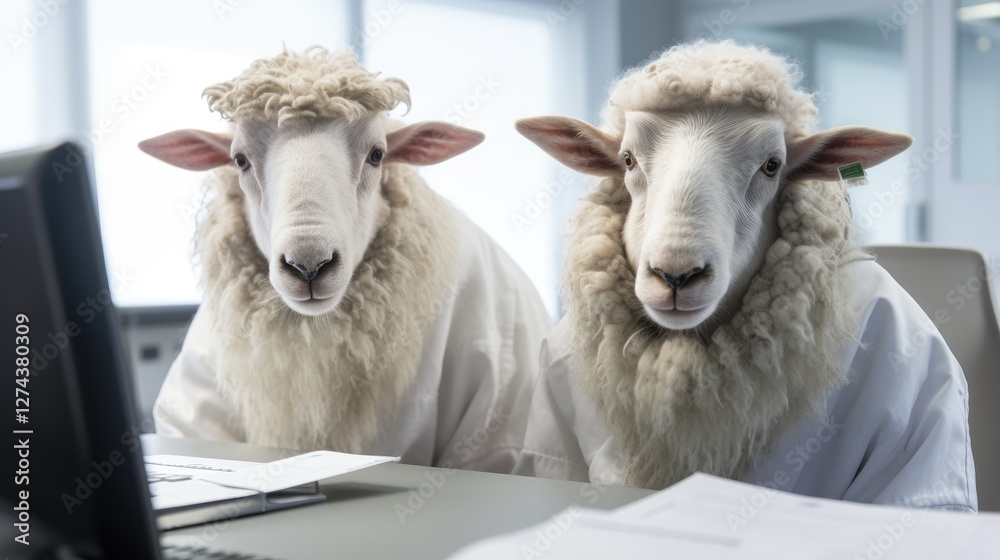 Obraz premium Anthropomorphic sheep working at a laptop in an office. Human characters through animals. Creative idea. An amusing humorous comparison. Illustration for cover, card, interior design, decor or print.