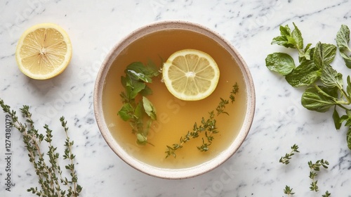 Bowl of clear fish broth with lemon slices and herbs, emphasizing the pristine clarity of the soup. --chaos 20 --ar 16:9 --quality 2 --v 6.1 Job ID: 7badd30a-896c-4d02-a0d4-50dbddcd2763