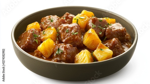 Stir-fried curry powder pork with pineapple chunks, no background 