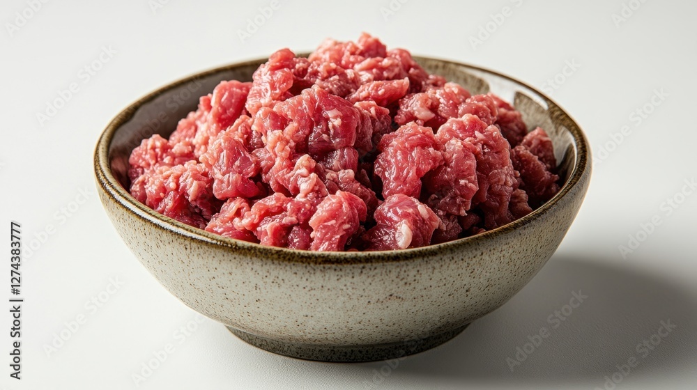 Freshly minced meat in a rustic bowl, ready for cooking, with a clean background highlighting freshness Freshly minced meat in a rustic bowl, ready for cooking, with a clean background highlighting freshness