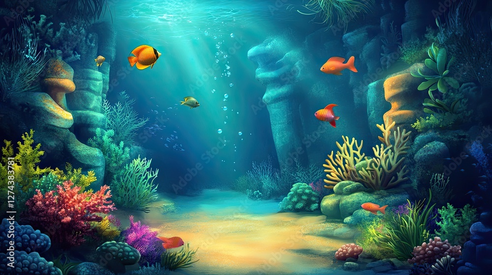 Naklejka premium Vibrant Underwater Scene With Colorful Fish And Coral