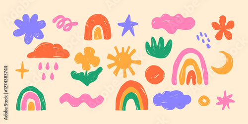 Set of bright hand-drawn children's drawings with rainbows, clouds, colours