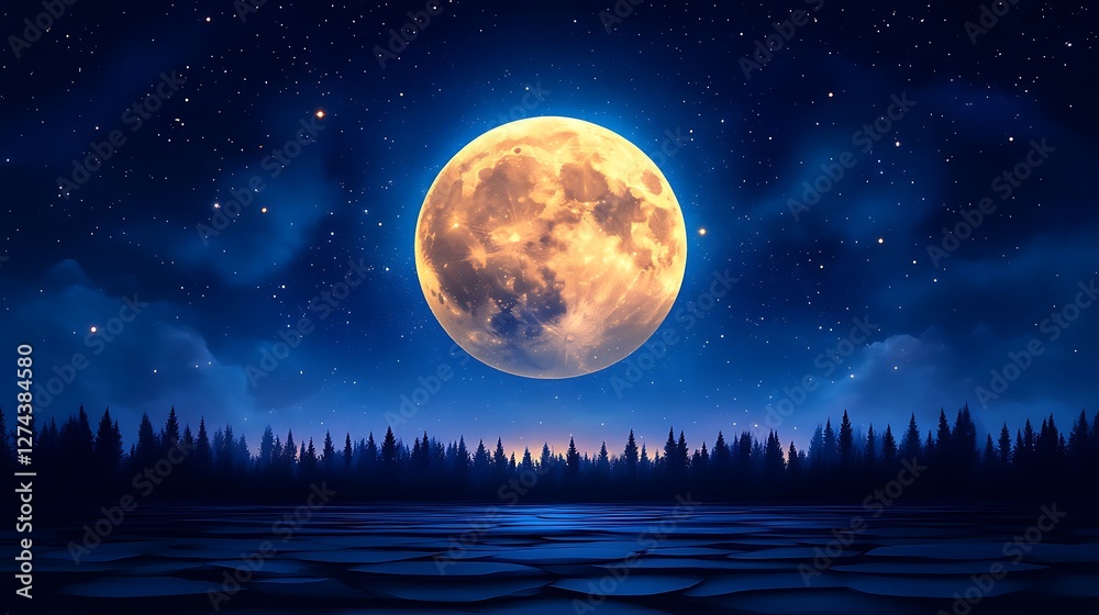 Fototapeta premium A mesmerizing moonscape featuring a golden orb illuminating the tranquil forest