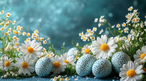 A vibrant Easter scene featuring speckled blue eggs surrounded by daisies and greenery in a soft-focus background