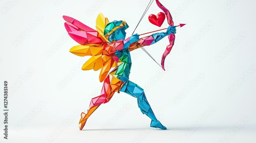 Obraz premium Colorful geometric fairy figure holding a bow and arrow ready to inspire love.
