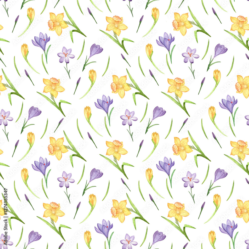 Seamless pattern of spring flowers and leaves. Watercolor daffodils and crocuses. Hand painted, isolated on white background. Seamless pattern of spring flowers and leaves. Watercolor daffodils and crocuses. Hand painted, isolated on white background.