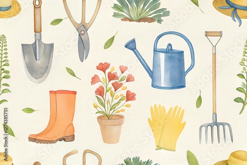 Gardening tools, gloves, and plants in a whimsical watercolor pattern on a light background
